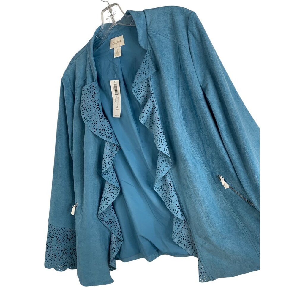 Chicos Blue Faux Suede Perforated Ruffle Jacket Size 12 L New RH10190 NWT